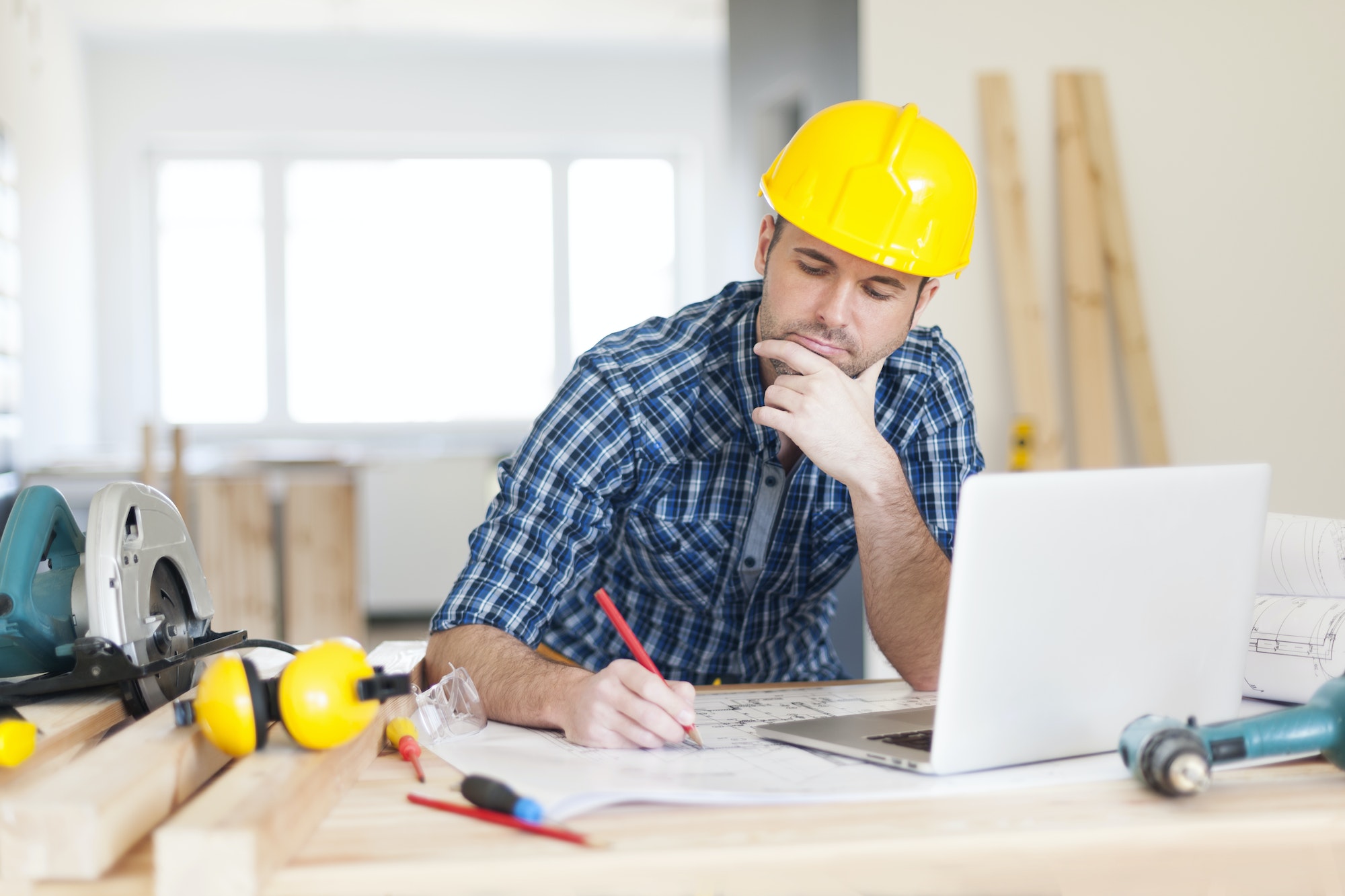 Focus construction worker on construction site